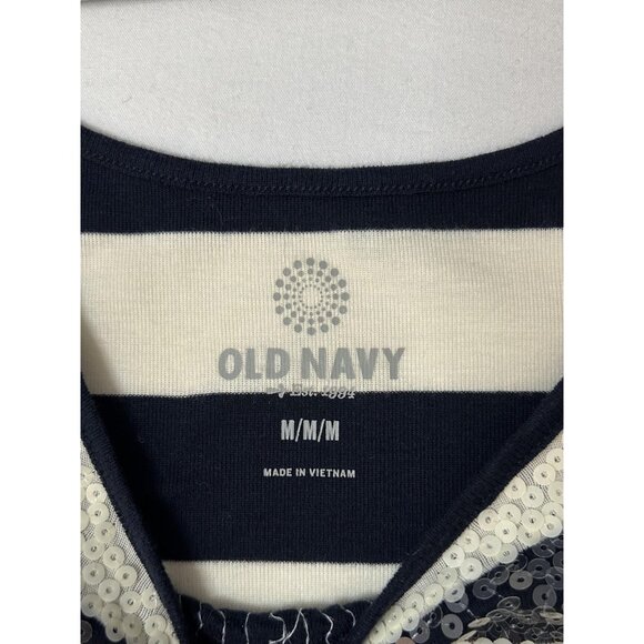 Old Navy Sequin Tank Top Womens M Navy Blue Cream Striped Scoop Neck Layer Party - Picture 8 of 11